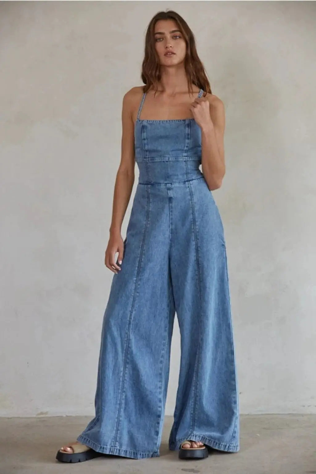 Wide-leg denim jumpsuit front view - Epicplacess