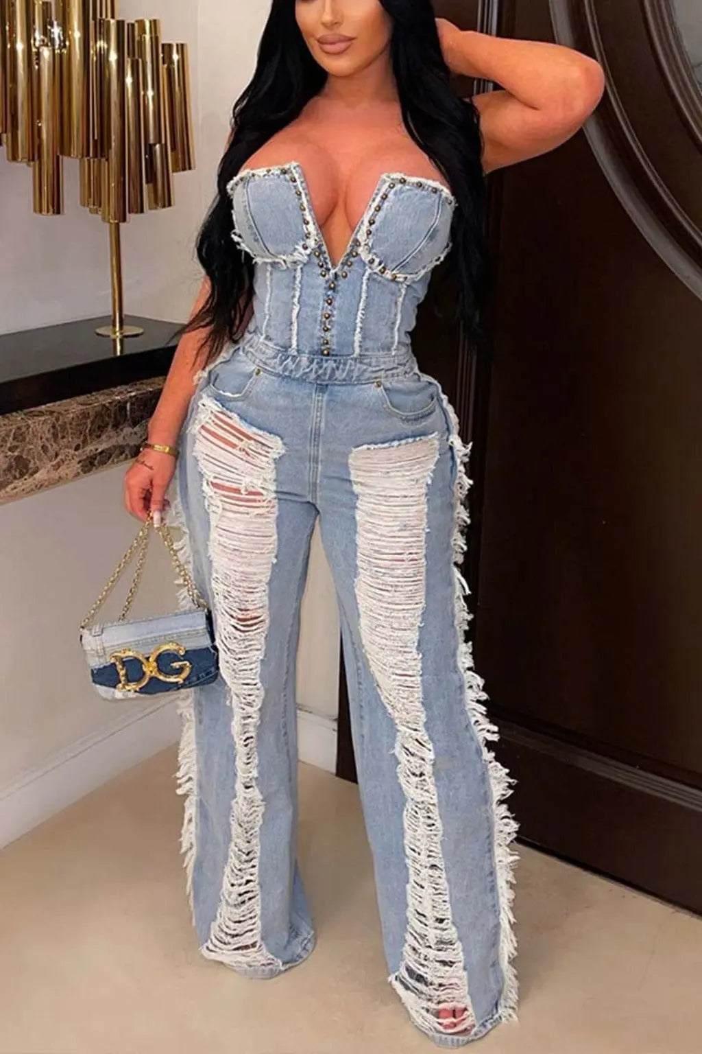 Step Back Distressed Denim Jumpsuit - Light Blue - Epicplacess