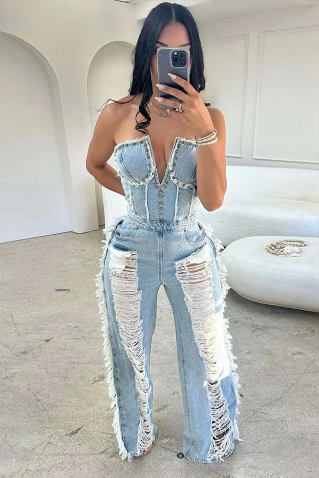 Step Back Distressed Denim Jumpsuit - Light Blue - Epicplacess