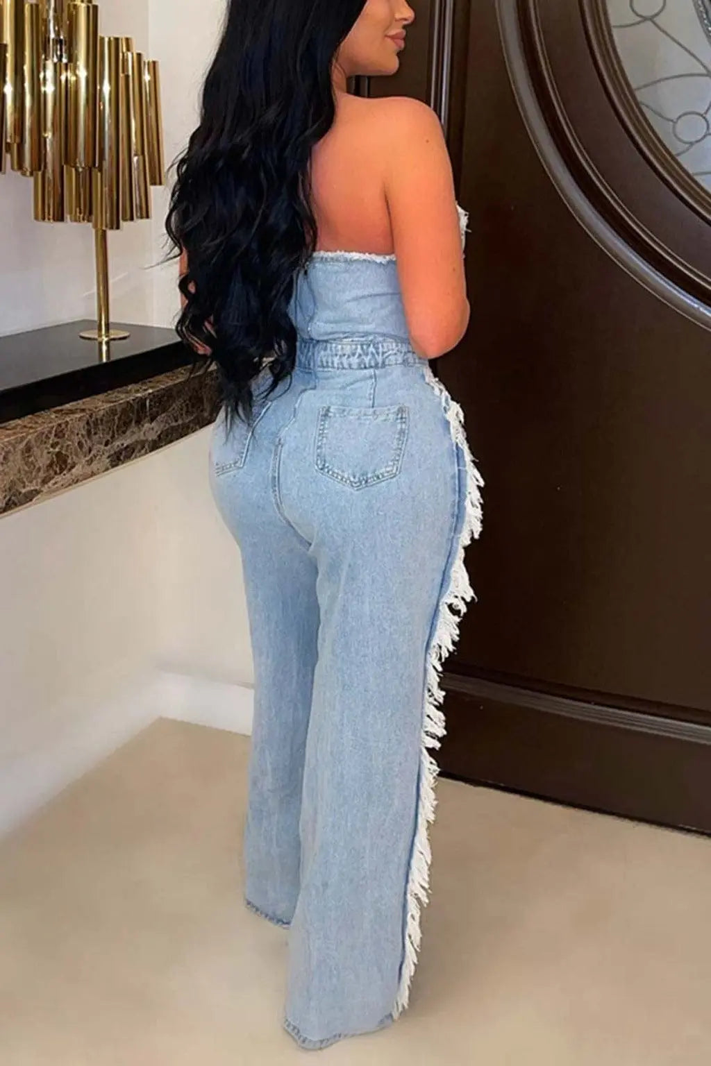 Step Back Distressed Denim Jumpsuit - Light Blue - Epicplacess