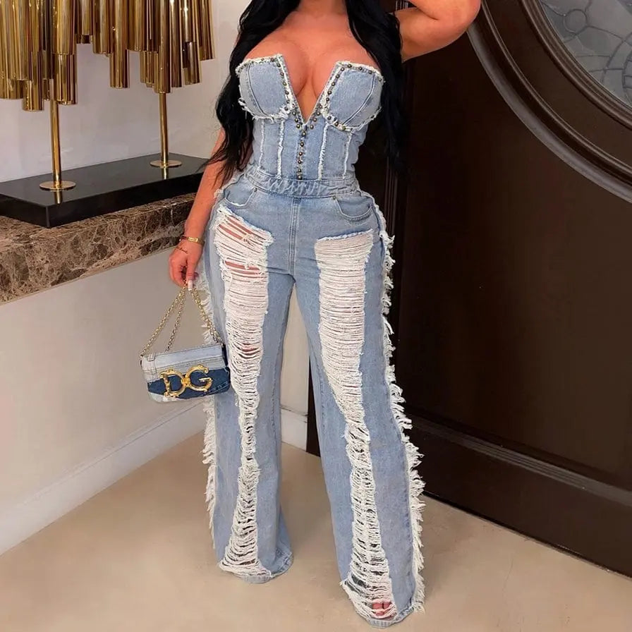 Ripped Away Women's Denim Jumpsuit - Epicplacess