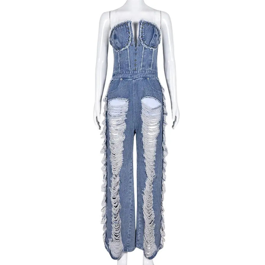 Ripped Away Women's Denim Jumpsuit - Epicplacess