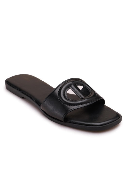 Black women's square toe flat slide sandal with geometric cutout strap