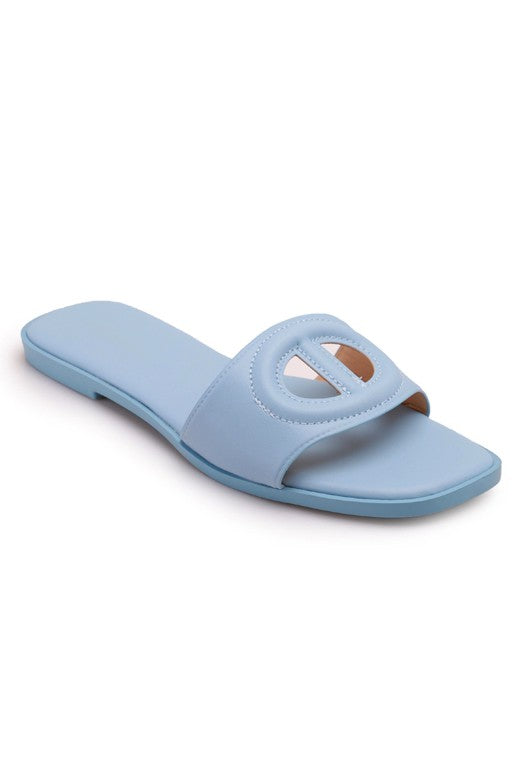Light blue women's square toe flat slide sandal with geometric cutout strap