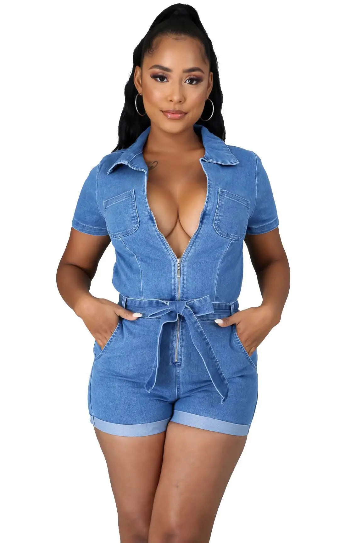 Serina Bow Denim Romper - Blue - Epicplacess