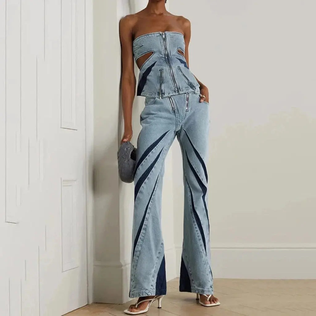 Dual Hue Cutout Jeans Crop Top Set Denim Sets Epicplacess Light Blue S