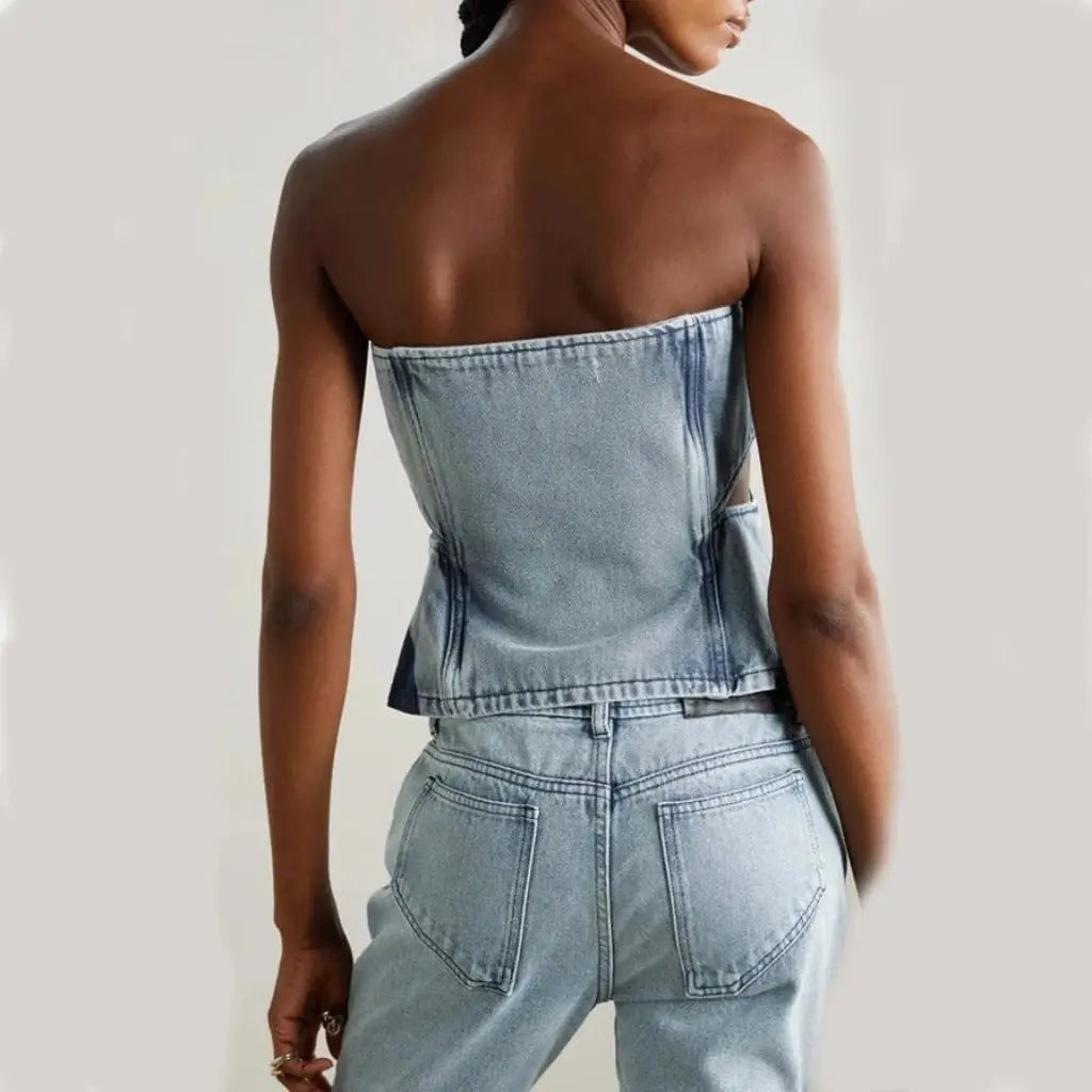 Dual Hue Cutout Jeans Crop Top Set Denim Sets Epicplacess