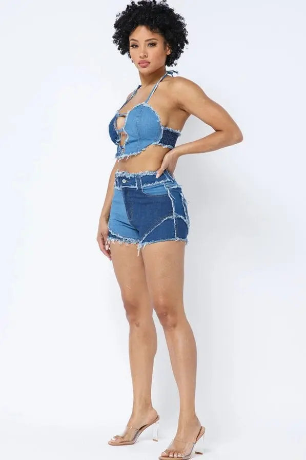 Patchwork Women's Denim Shorts Set Sets Epicplacess