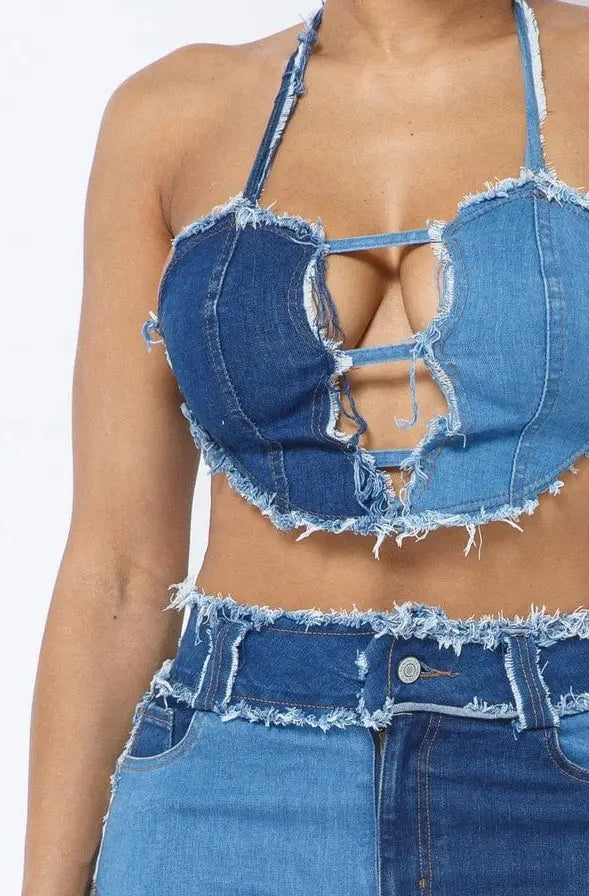 Patchwork Women's Denim Shorts Set Sets Epicplacess S Blue