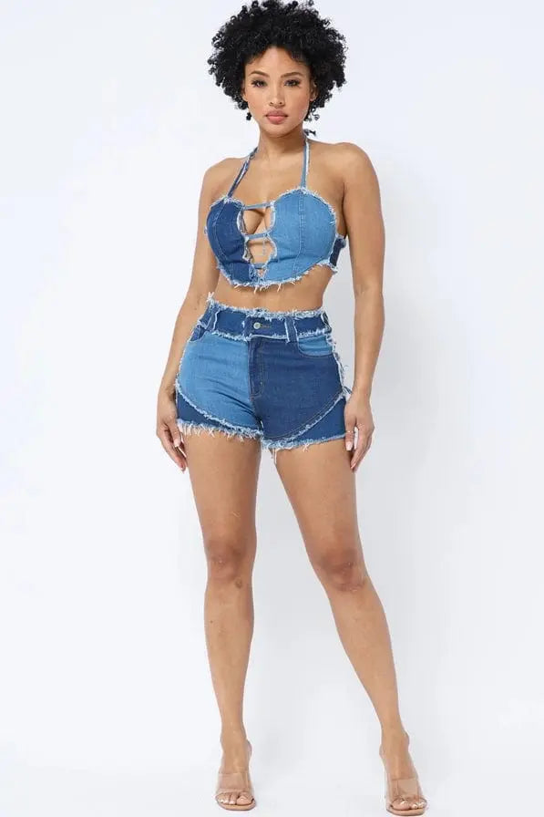 Patchwork Women's Denim Shorts Set Sets Epicplacess