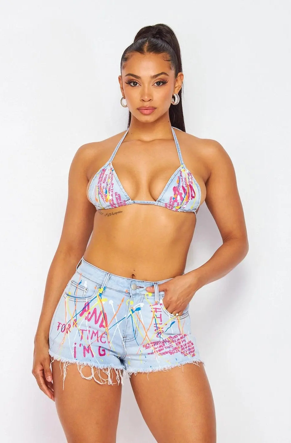 Chapter Splatter Letter Denim Short Set-Blue Shorts Epicplacess S Blue