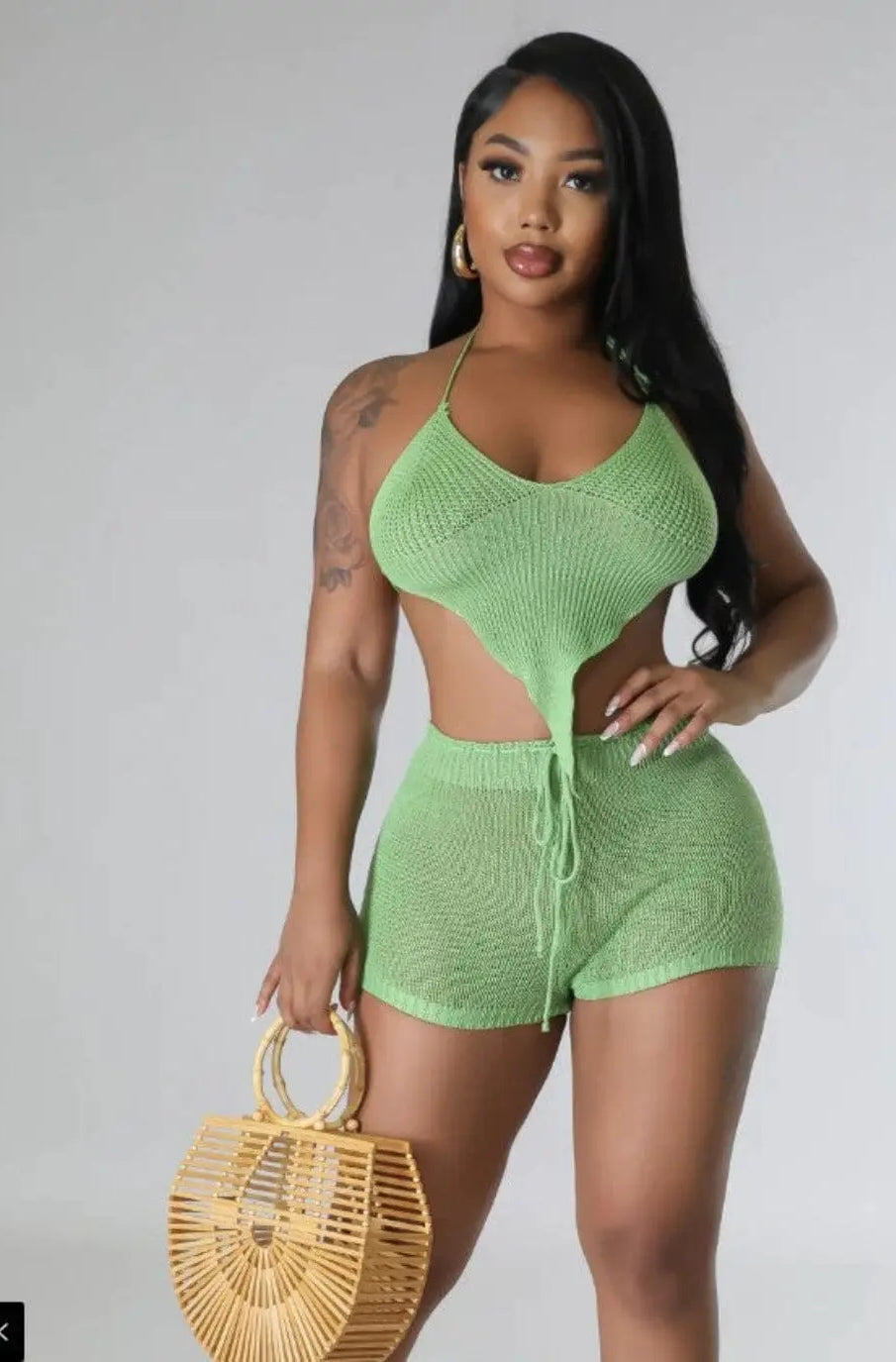 Asymmetric Knit Shorts Sets-Green Shorts Epicplacess