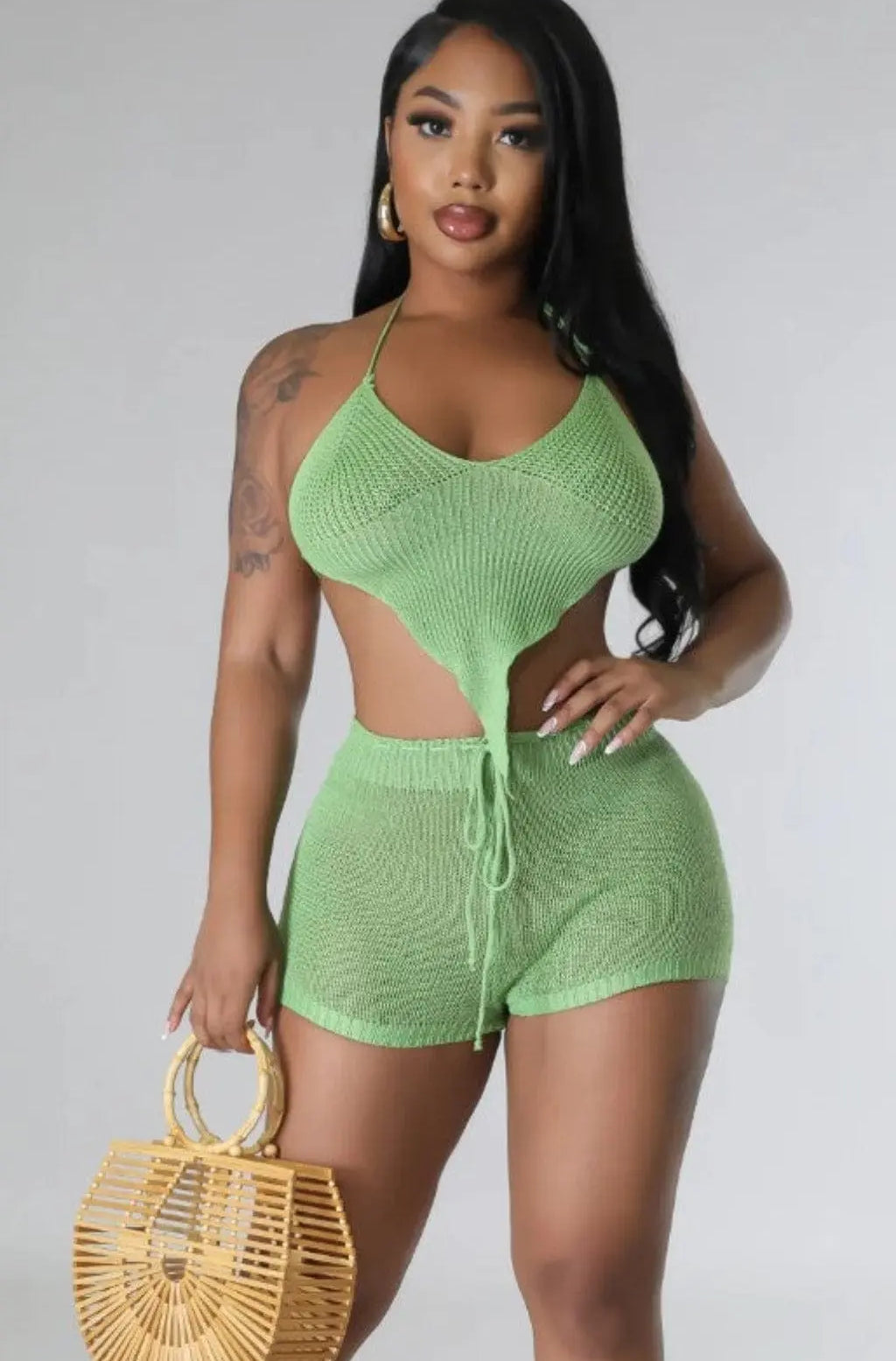 Asymmetric Knit Shorts Sets-Green Shorts Epicplacess