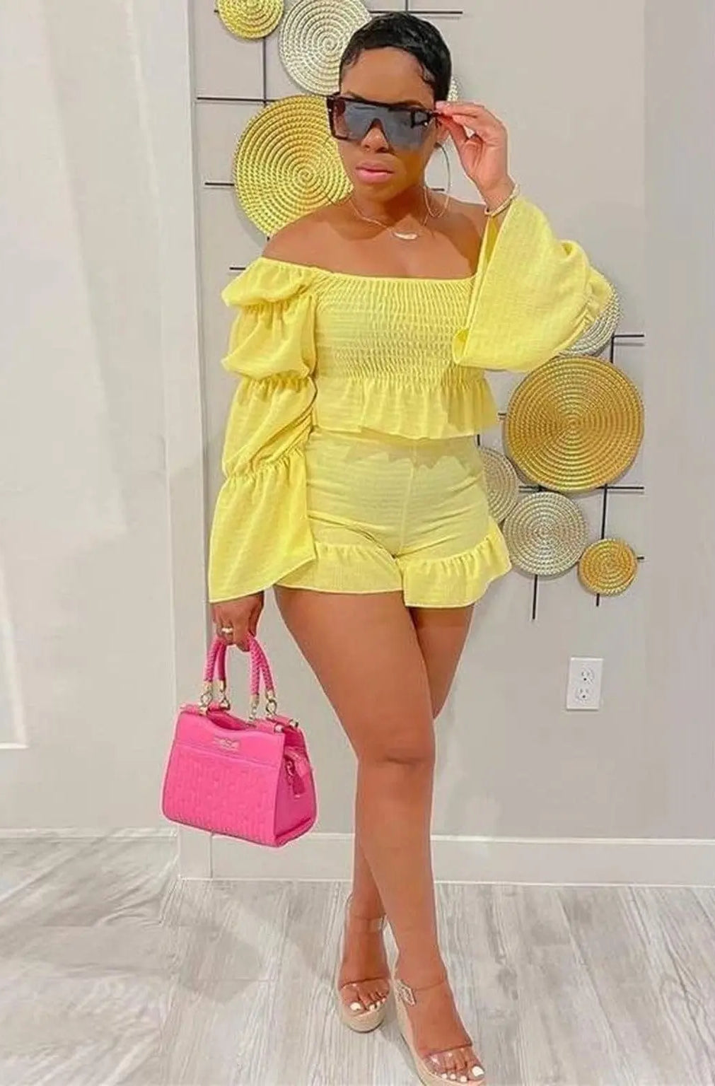 Mollie Ruffle Short Set - Yellow Shorts Epicplacess