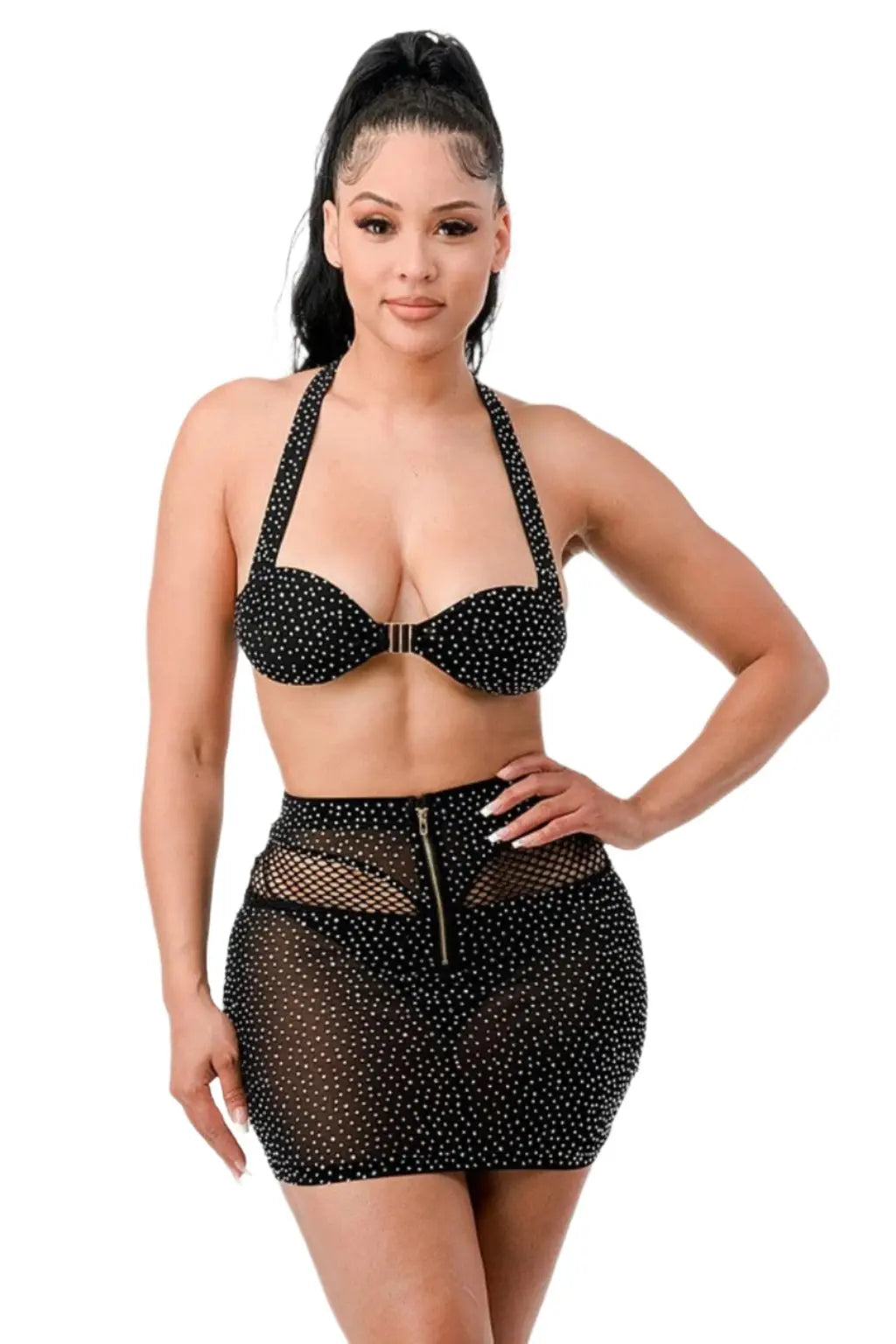 Very Short Skirt and Crop Top Rhinestone Set - Epicplacess