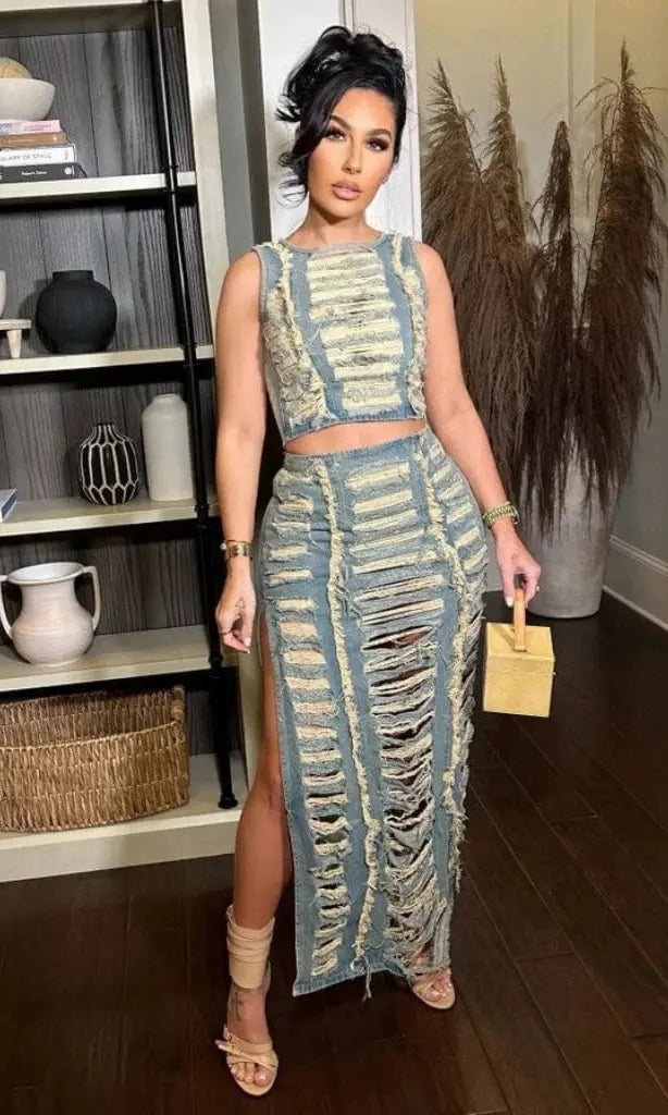 Harmony Ripped Two Piece Denim Skirt SKIRT Epicplacess Light Blue S