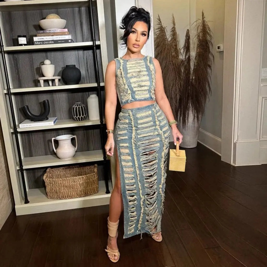 Harmony Ripped Two Piece Nordstrom Denim Skirt - Epicplacess