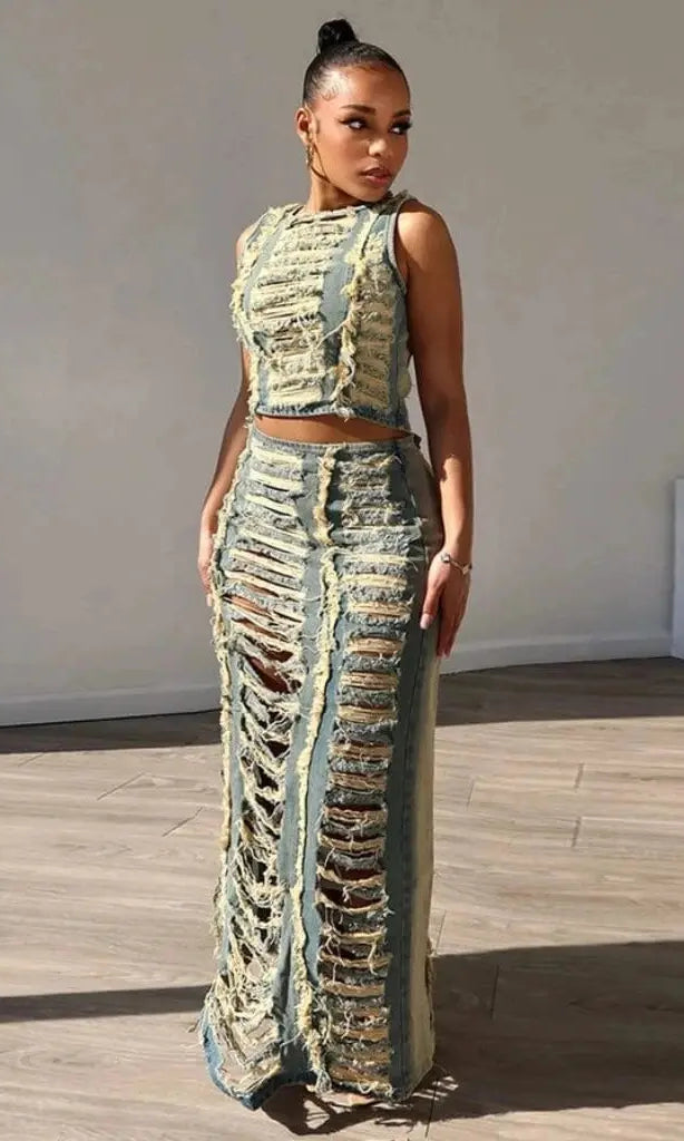 Harmony Ripped Two Piece Denim Skirt SKIRT Epicplacess