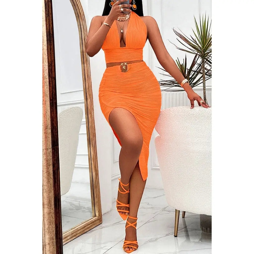 Plunging Samera Ring Out Skirt Set -Orange - Epicplacess