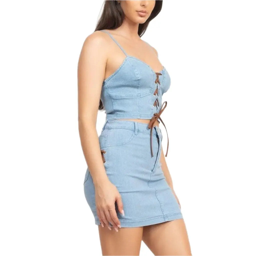 Corset & Split Denim Mini Skirts Set - Epicplacess