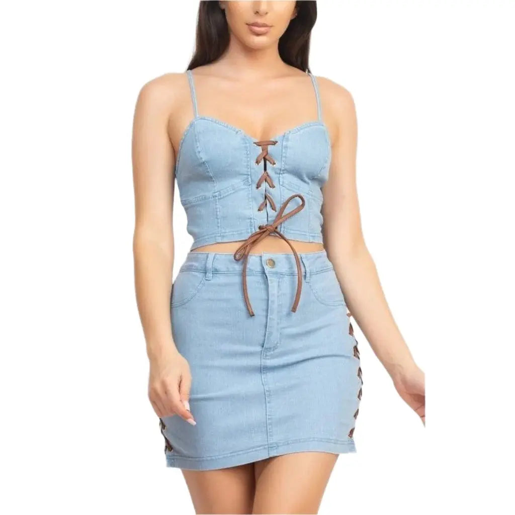 Corset & Split Denim Mini Skirts Set - Epicplacess