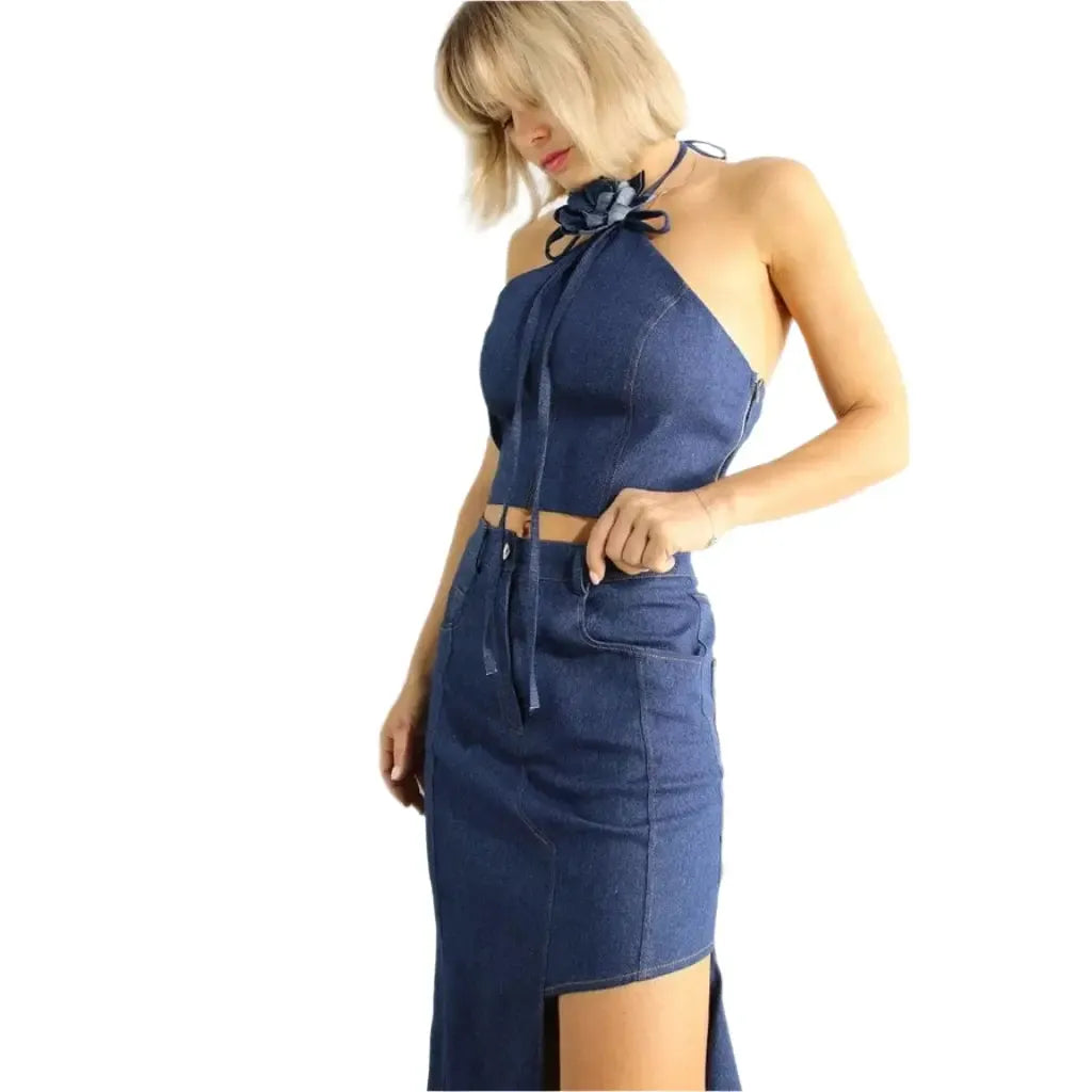Asymmetric denim skirt set side view - Epicplacess
