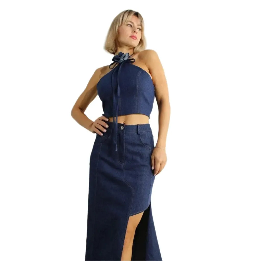 Asymmetric denim skirt set back view - Epicplacess