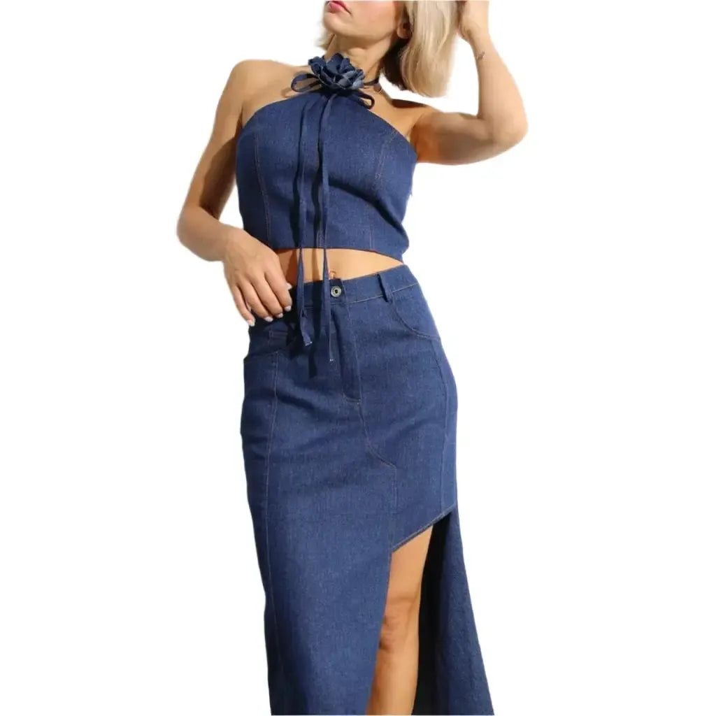 Asymmetric denim skirt set outfit view - Epicplacess