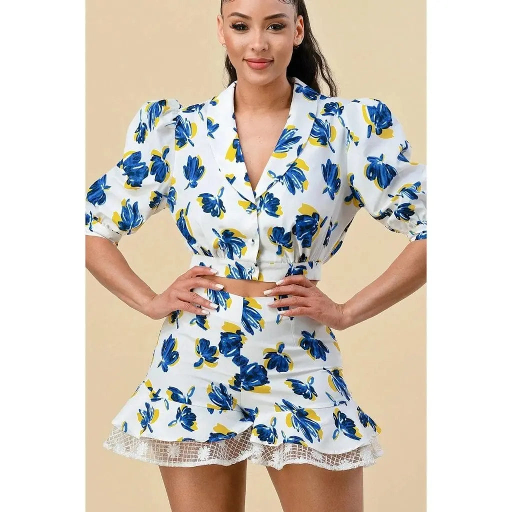 Floral Blouse Short Set - White - Epicplacess