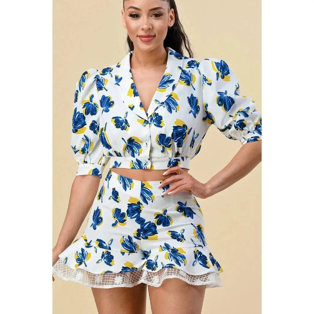 Floral Blouse Short Set - White - Epicplacess