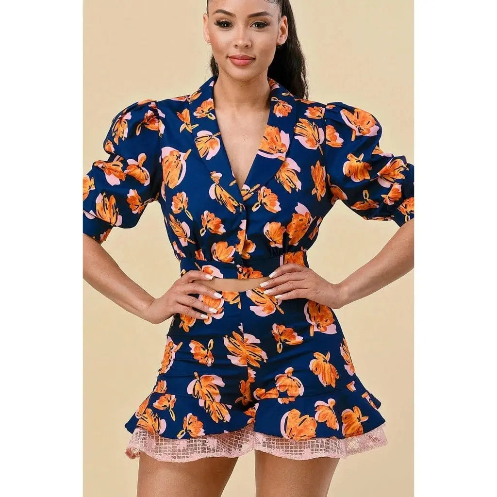 Floral Blouse Short Set - White - Epicplacess