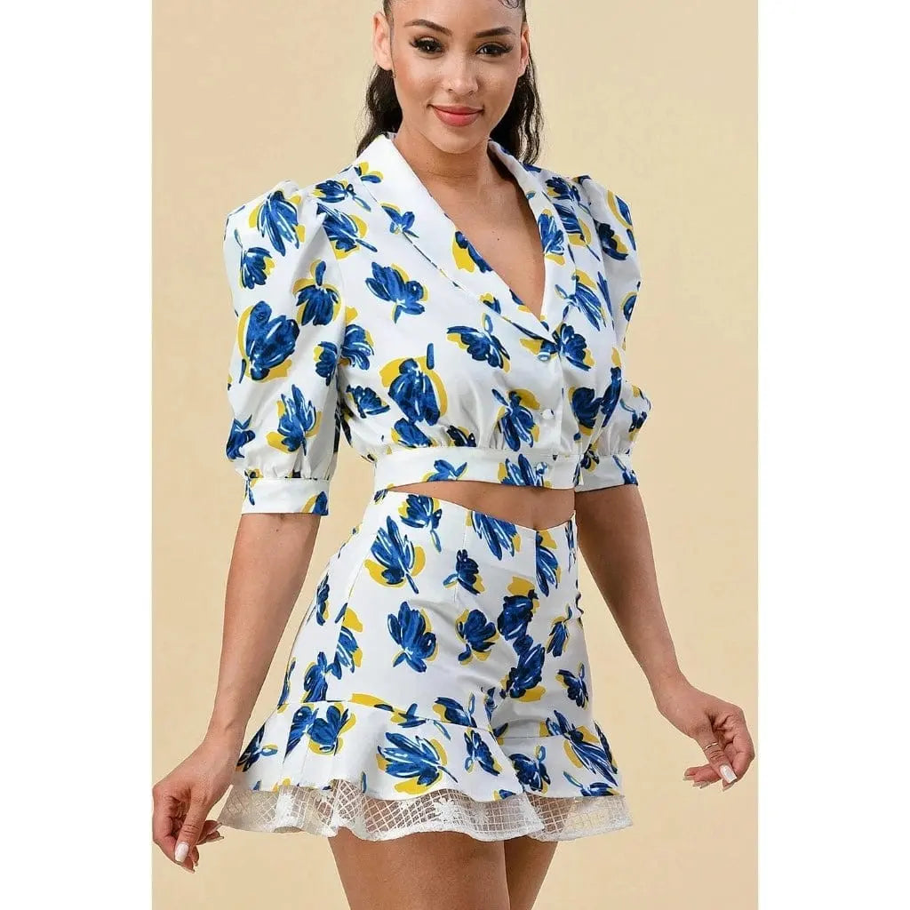Floral Blouse Short Set - White - Epicplacess