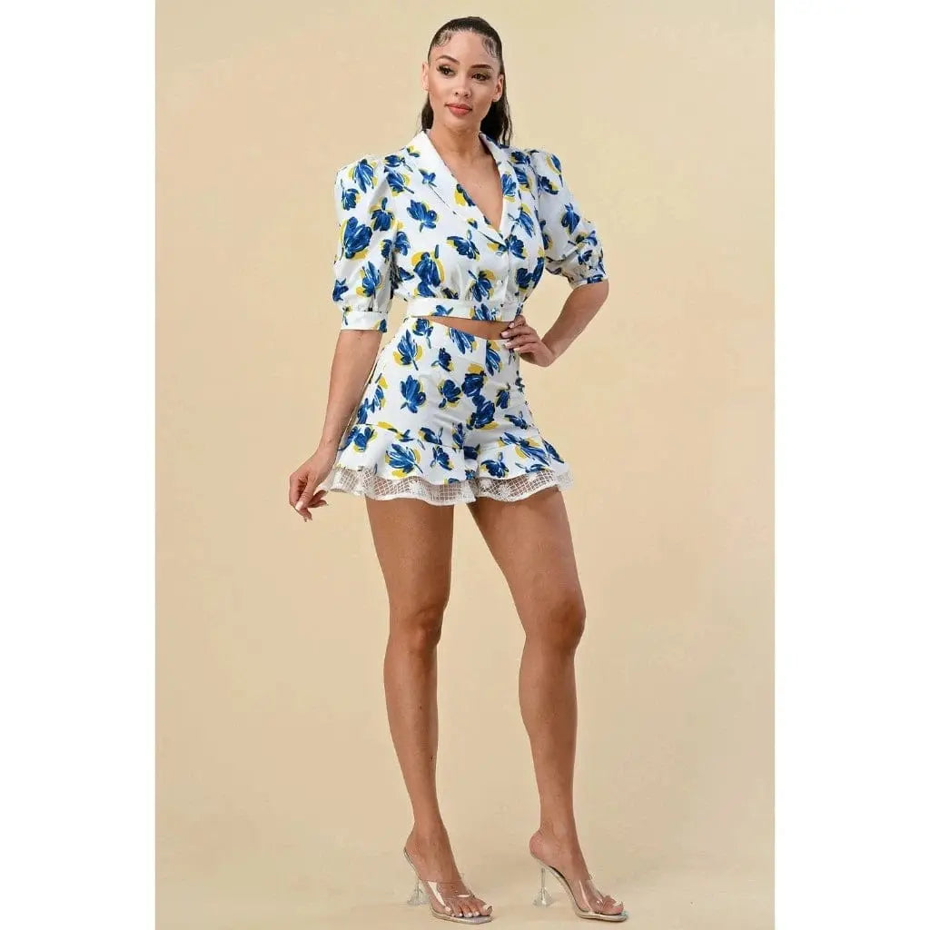 Floral Blouse Short Set - White - Epicplacess