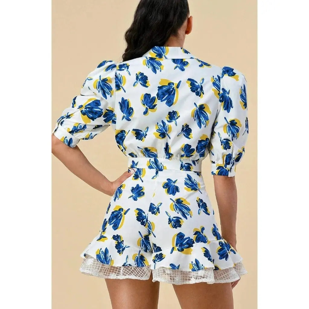 Floral Blouse Short Set - White - Epicplacess