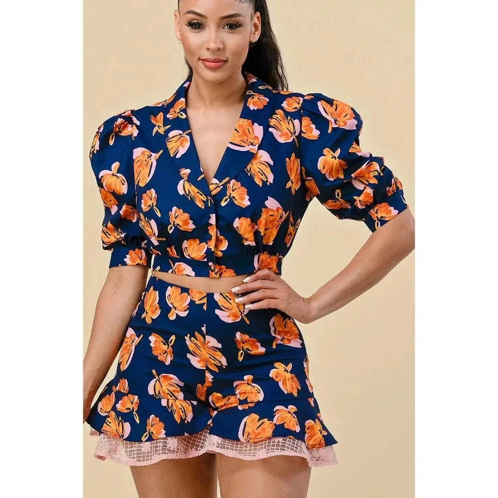 Floral Blouse Short Set - White - Epicplacess