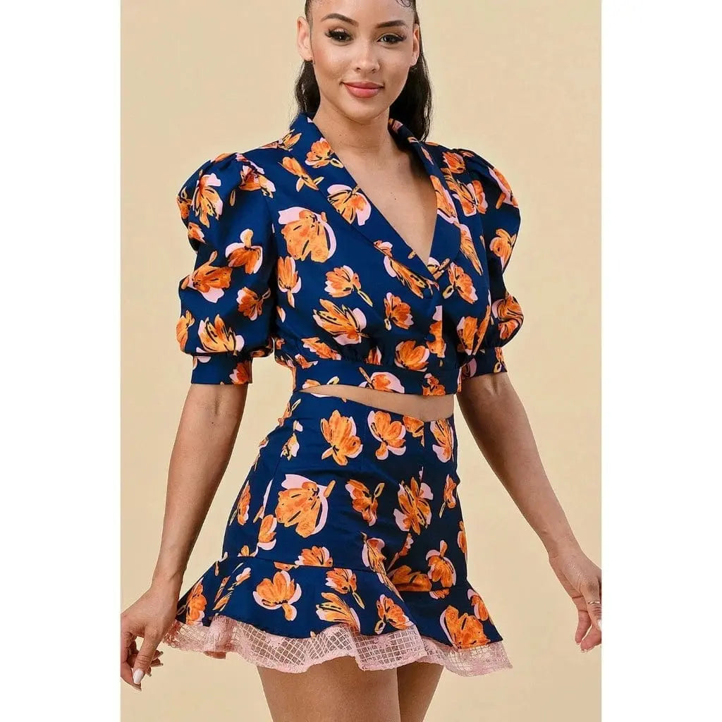 Floral Blouse Short Set - White - Epicplacess