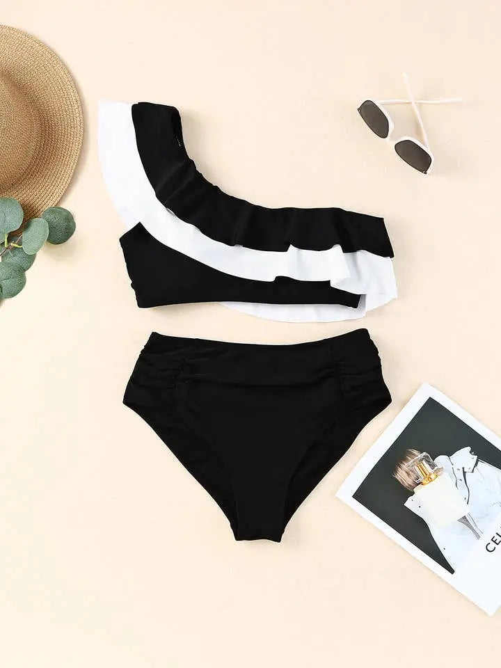 Ruche One Shoulder Bikini Swimwear Epicplacess Small Black
