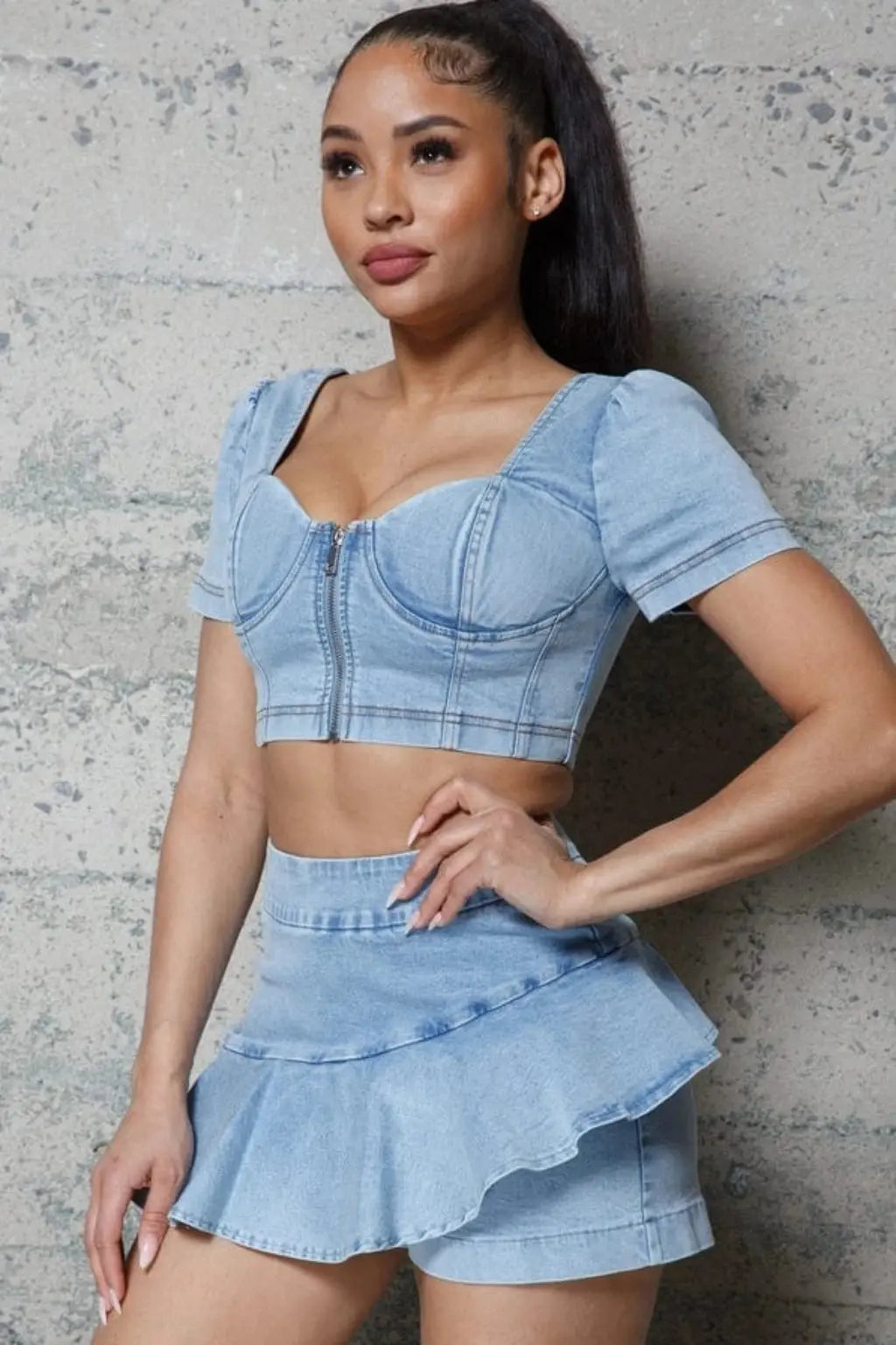 Vintage Puff Sleeve Bustier Denim Tops - Epicplacess