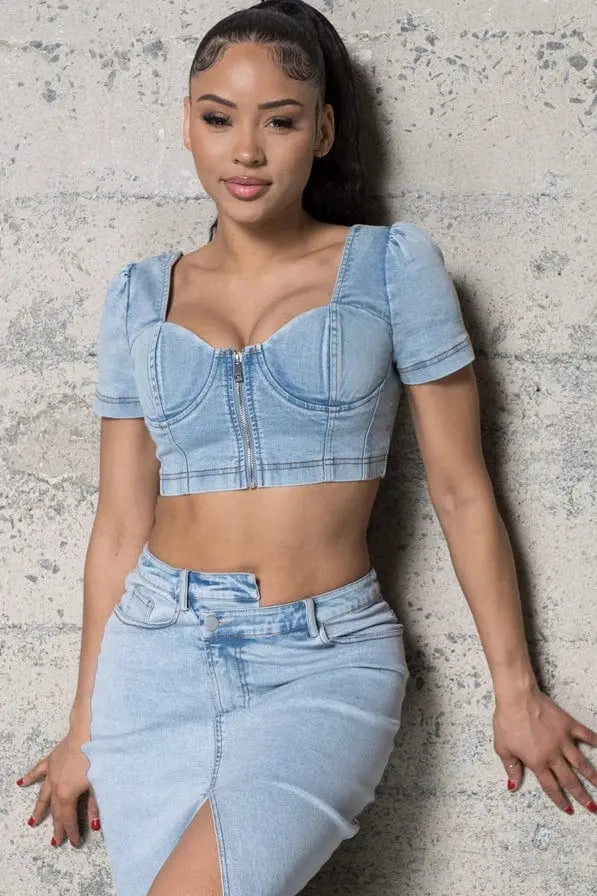 Vintage Puff Sleeve Bustier Denim Tops - Epicplacess