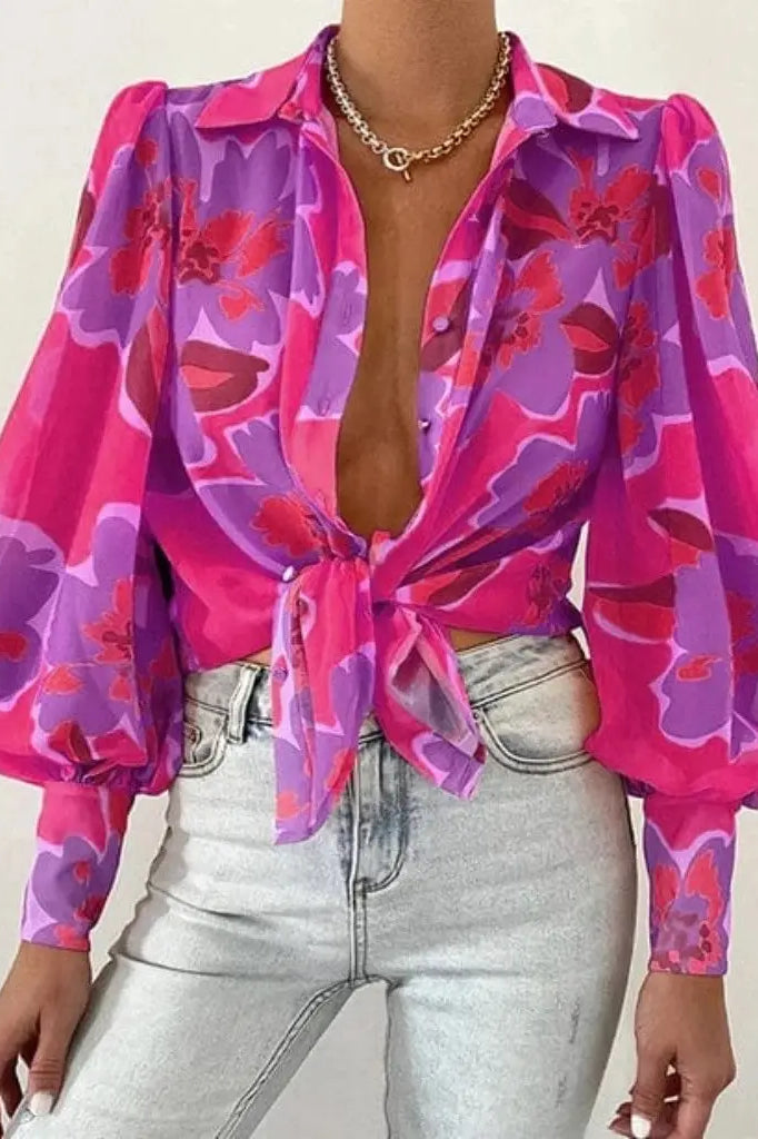 Floral Long Puff Sleeves Women's Shirt tops Epicplacess L Green