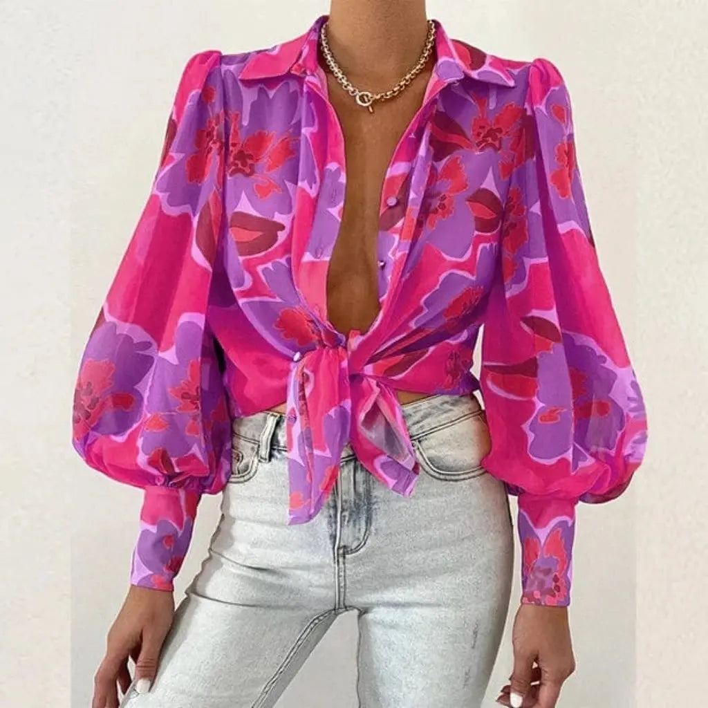 Floral Long Puff Sleeves Women's Shirt - Epicplacess