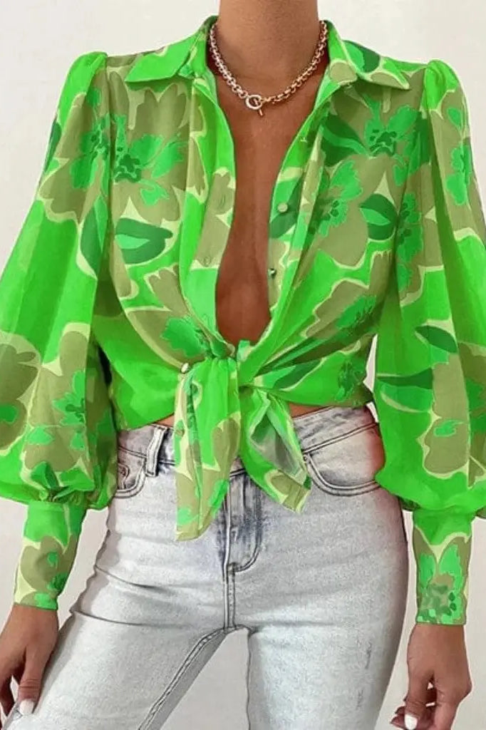 Floral Long Puff Sleeves Women's Shirt tops Epicplacess M Green