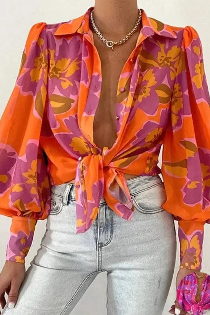 Floral Long Puff Sleeves Women's Shirt tops Epicplacess S Green