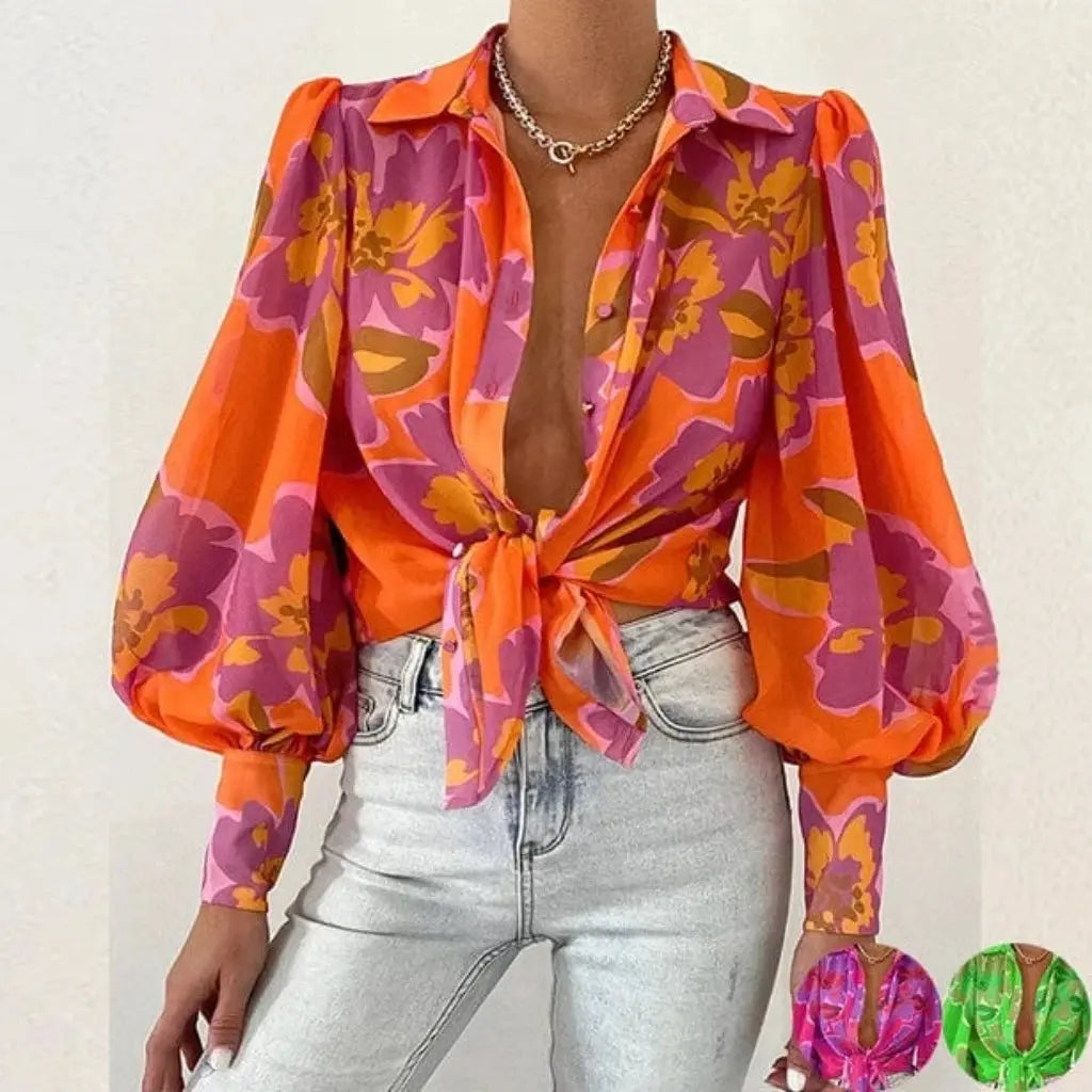 Floral Long Puff Sleeves Women's Shirt - Epicplacess