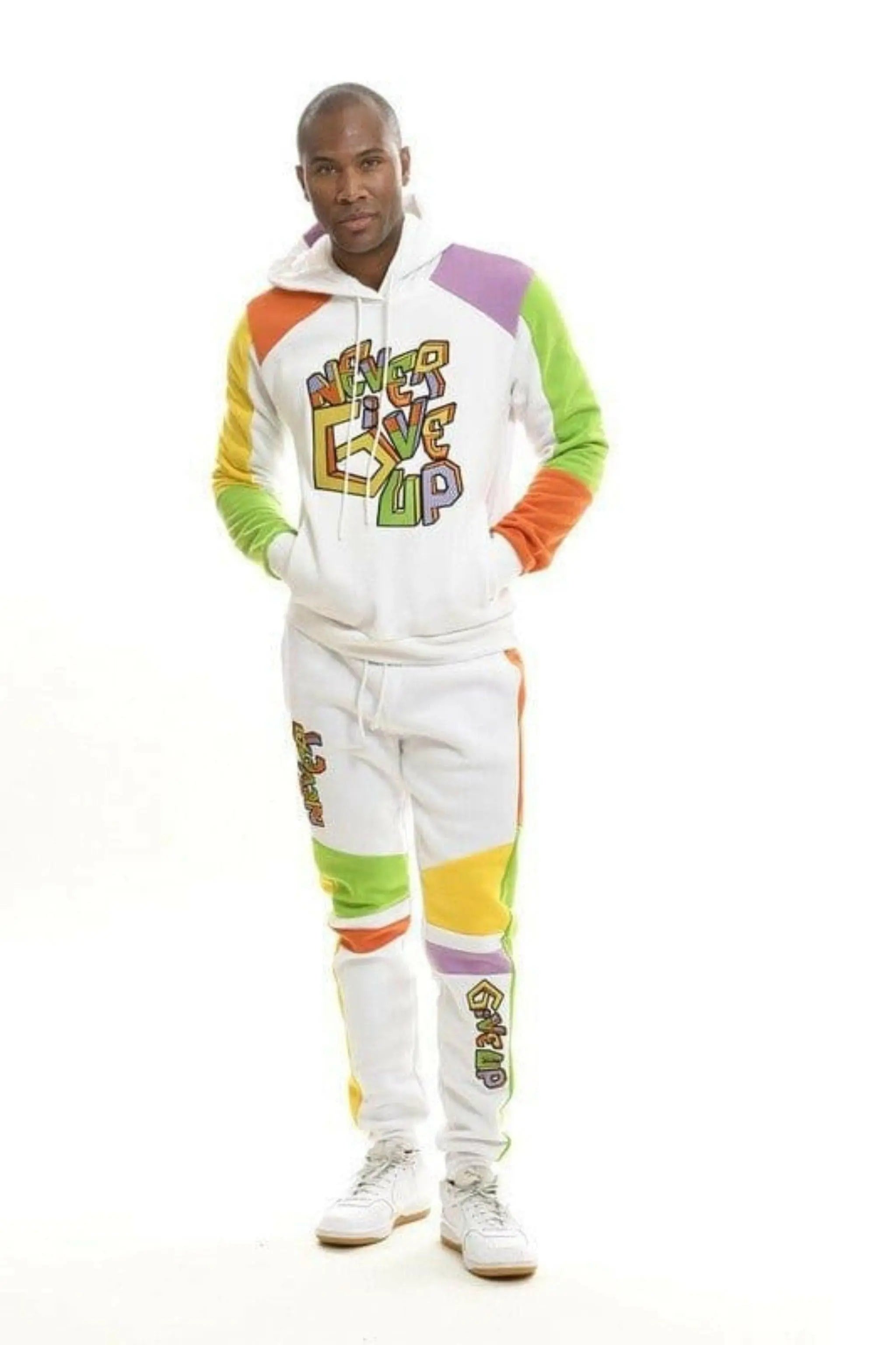 Men's white embroidered fleece tracksuit - tracksuit size guide XS to 6XL