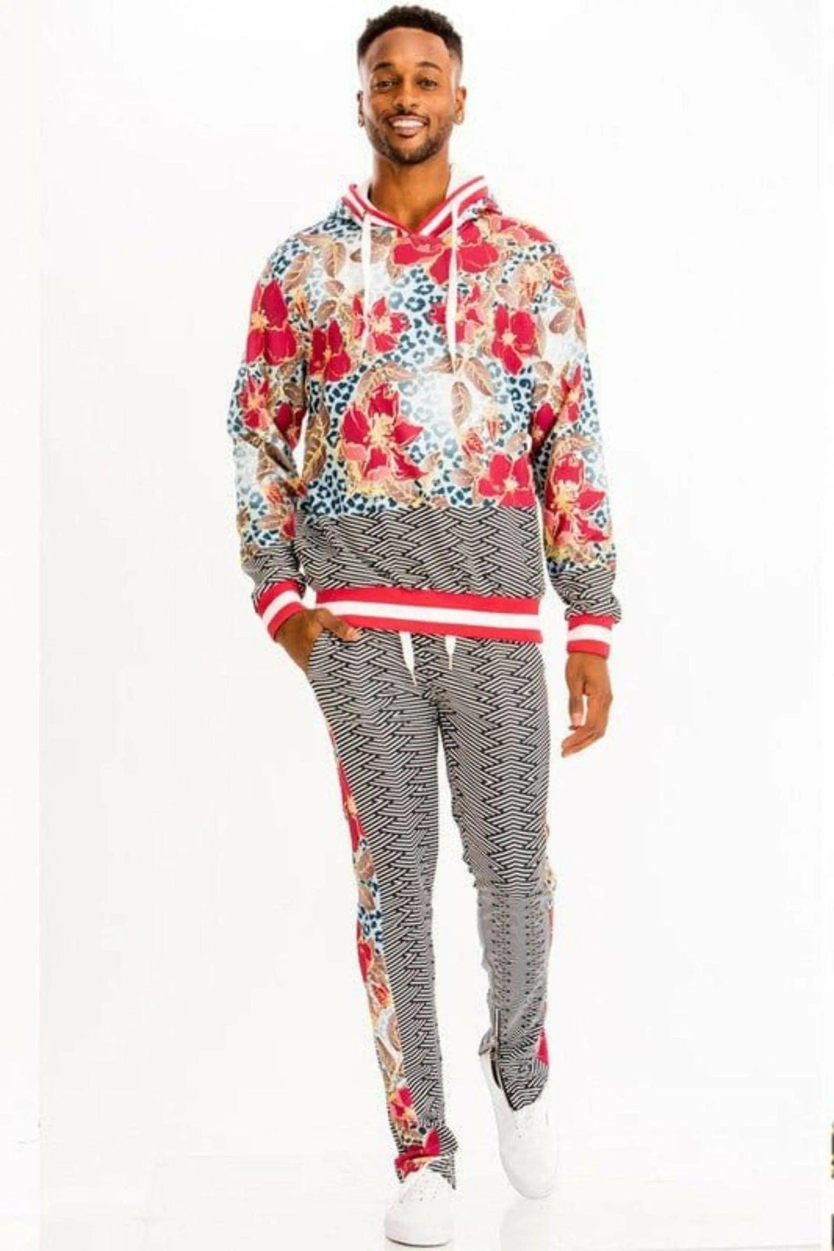 Men's red print hoodie and sweatpants tracksuit set