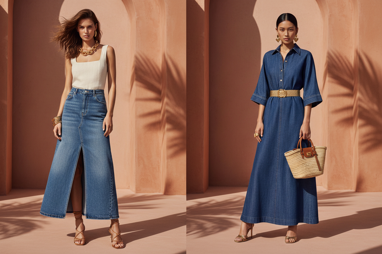 How to Style Denim Maxi Skirts and Dresses