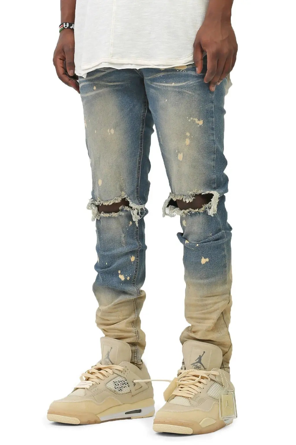 Men's bleached stacked jeans to style with a jean jacket
