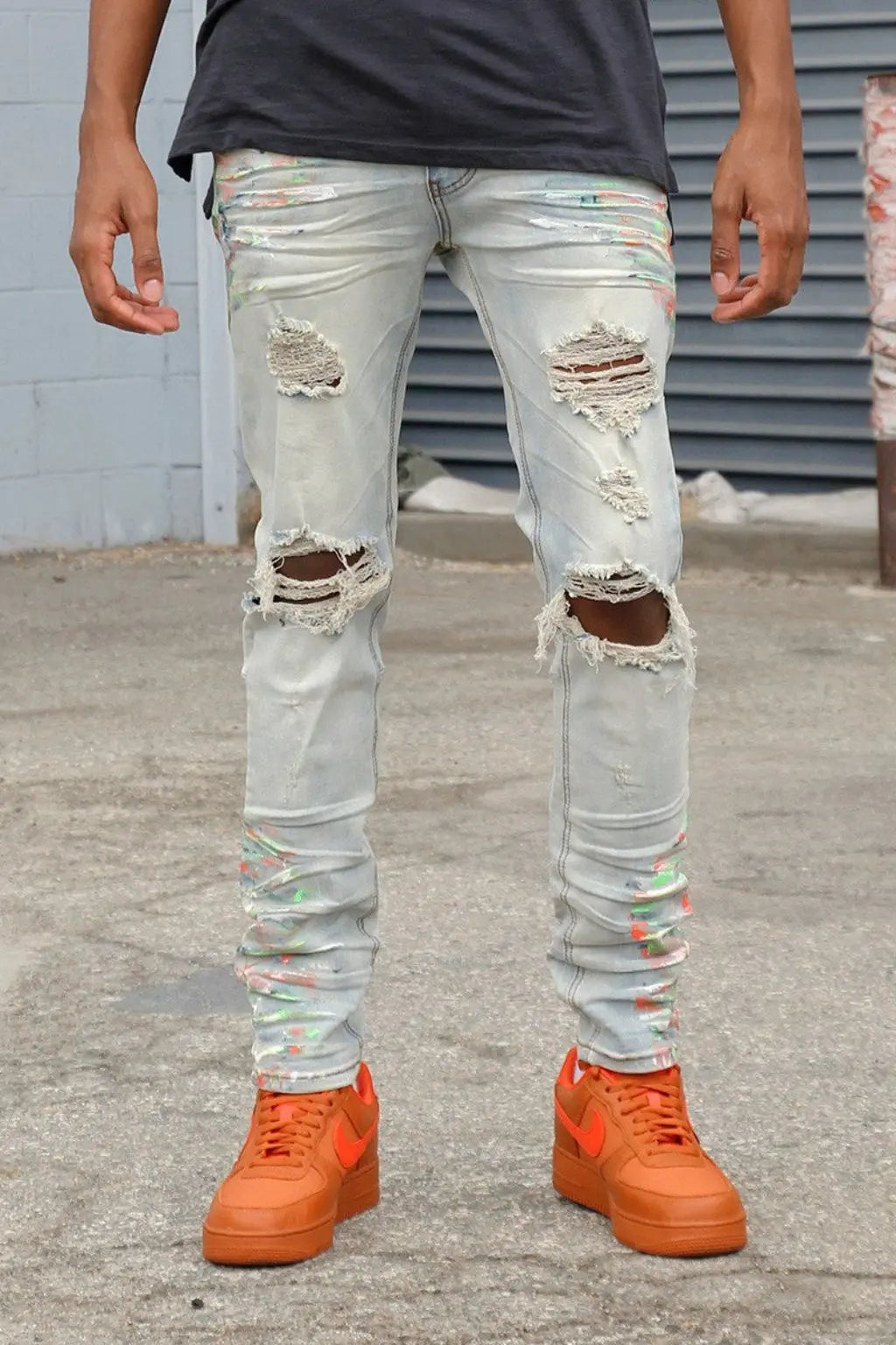 Men's selvedge paint splatter distressed denim jeans