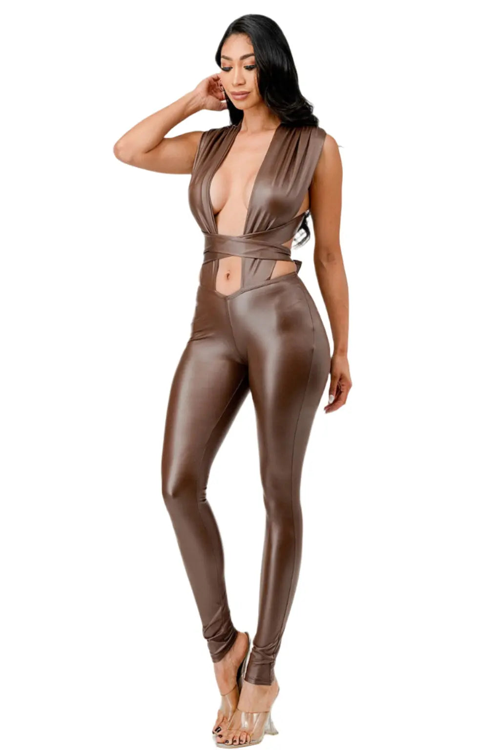 Lara Cut Out Knit Pu Leather Jumpsuits - Epicplacess